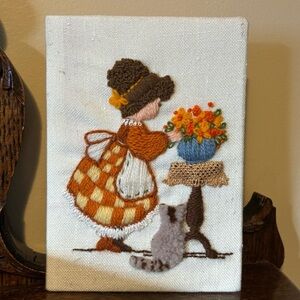 Vintage 60s Embroidered Needlepoint Art with Girl and Cat in Orange & Brown